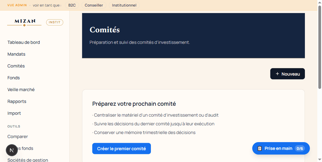 Workflow comité d'investissement MIZAN FUNDS — préparation, suivi et mémoire trimestrielle des décisions